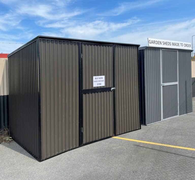 Custom garden sheds on display with matching metal cladding for Christchurch outdoor storage solutions